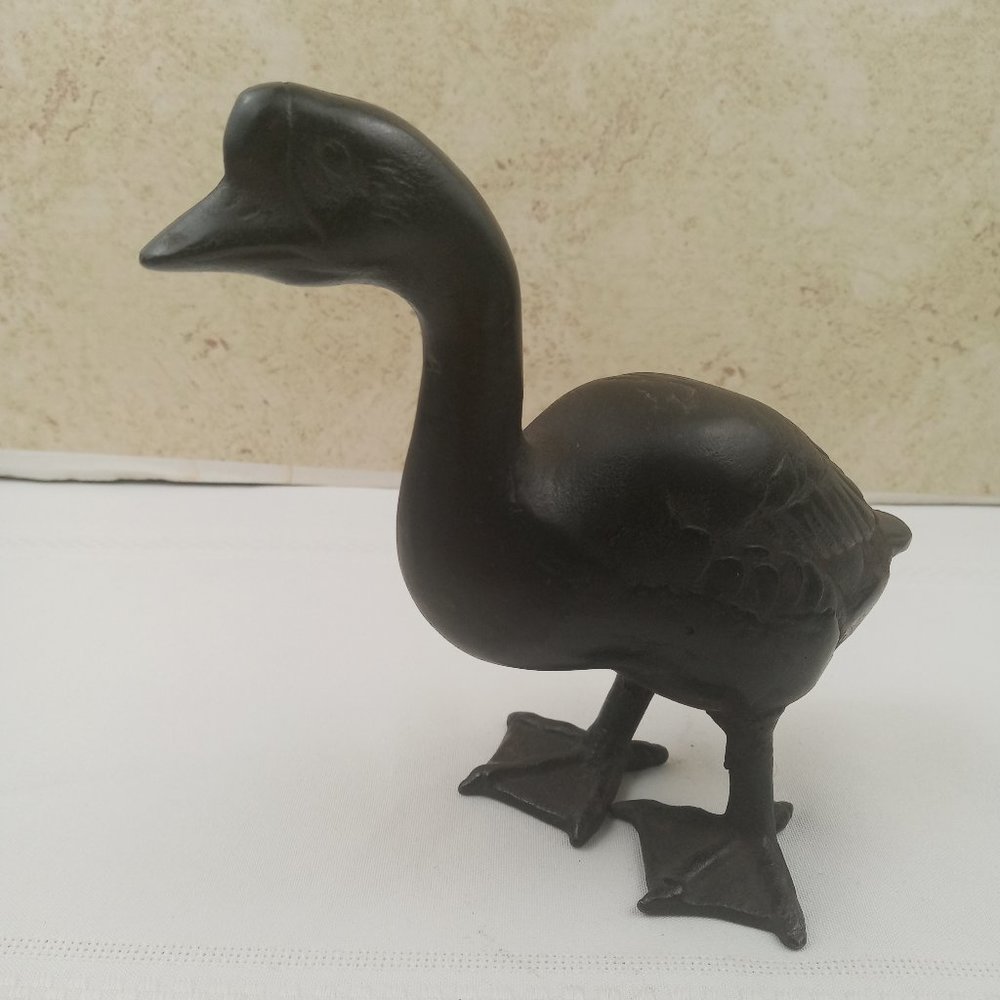 Antique Cast Iron Goose Garden Statue Heavy Etched Details 6.25"